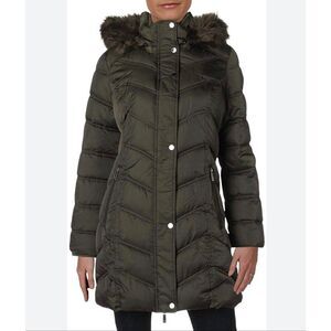 KENNETH COLE Reaction Women’s Puffer Coat XL Olive Green Faux Fur Hooded Down